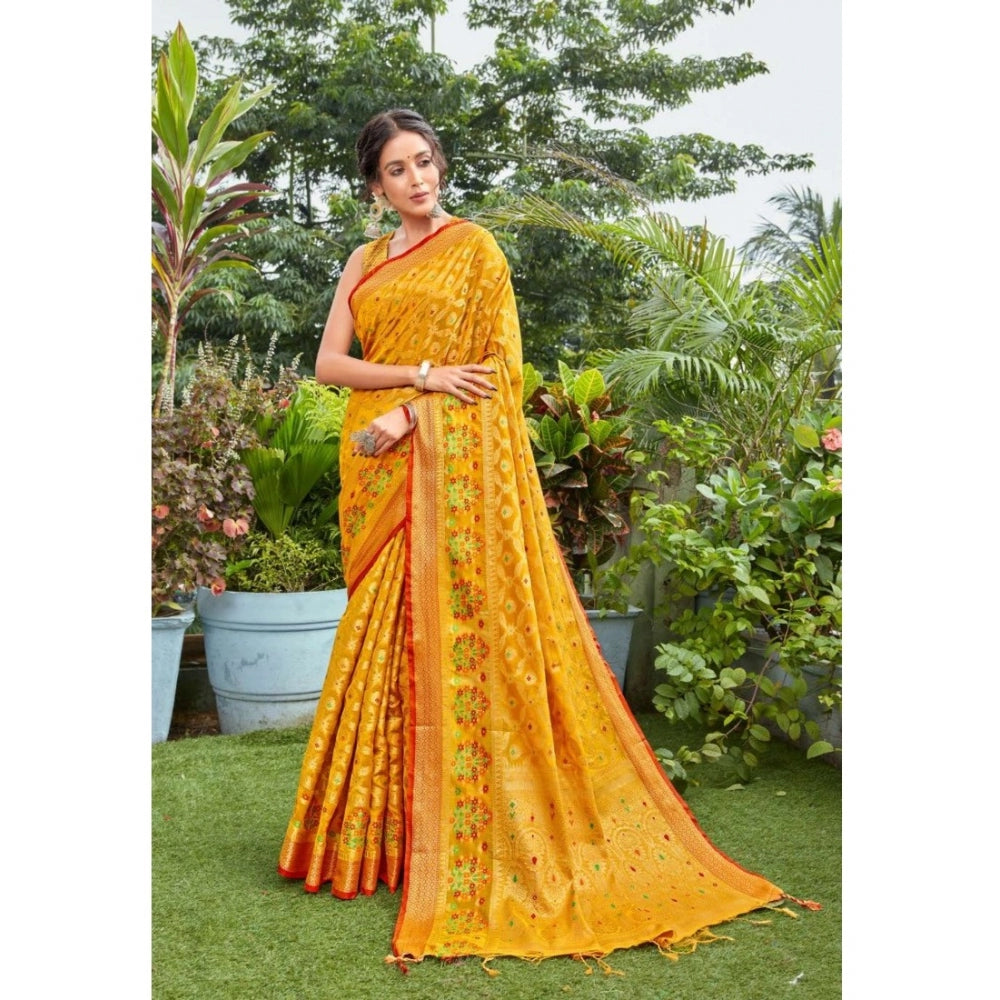 Generic Women's Organza Printed Saree With Unstitched Blouse (Mustard, 5-6 Mtrs) - Noble Nook