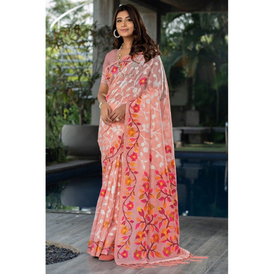 Generic Women's Cotton Printed Saree With Unstitched Blouse (Peach, 5-6 Mtrs) - Noble Nook