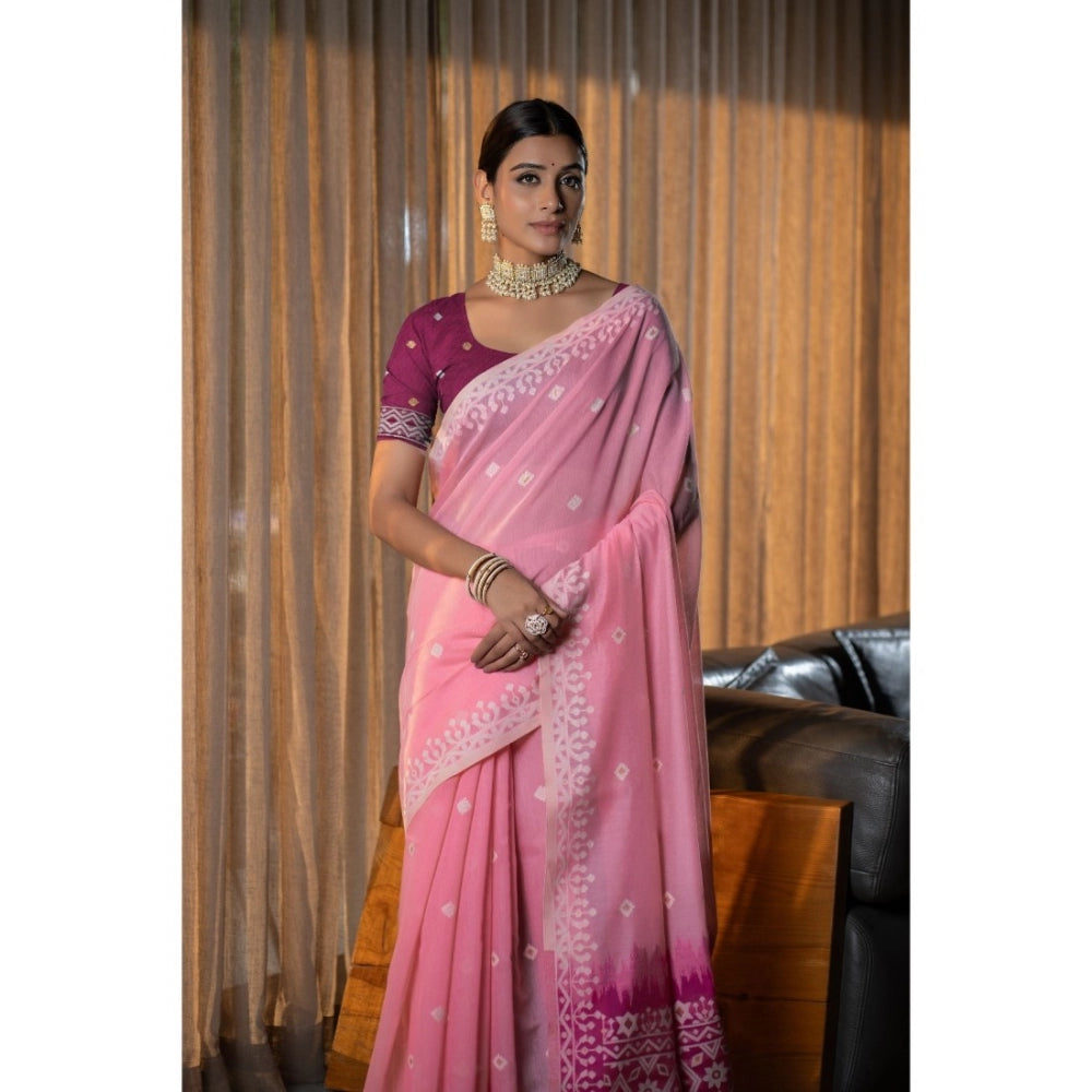 Generic Women's Mulmul Cotton Printed Saree With Unstitched Blouse (Pink, 5-6 Mtrs) - Noble Nook