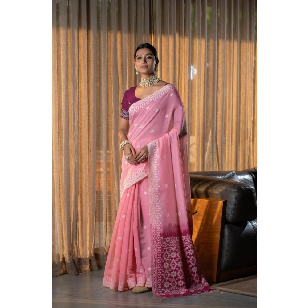 Generic Women's Mulmul Cotton Printed Saree With Unstitched Blouse (Pink, 5-6 Mtrs) - Noble Nook