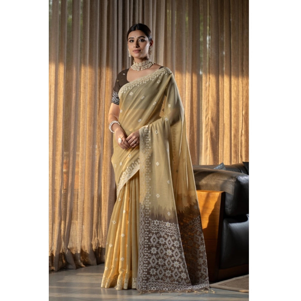 Generic Women's Mulmul Cotton Printed Saree With Unstitched Blouse (Beige, 5-6 Mtrs) - Noble Nook