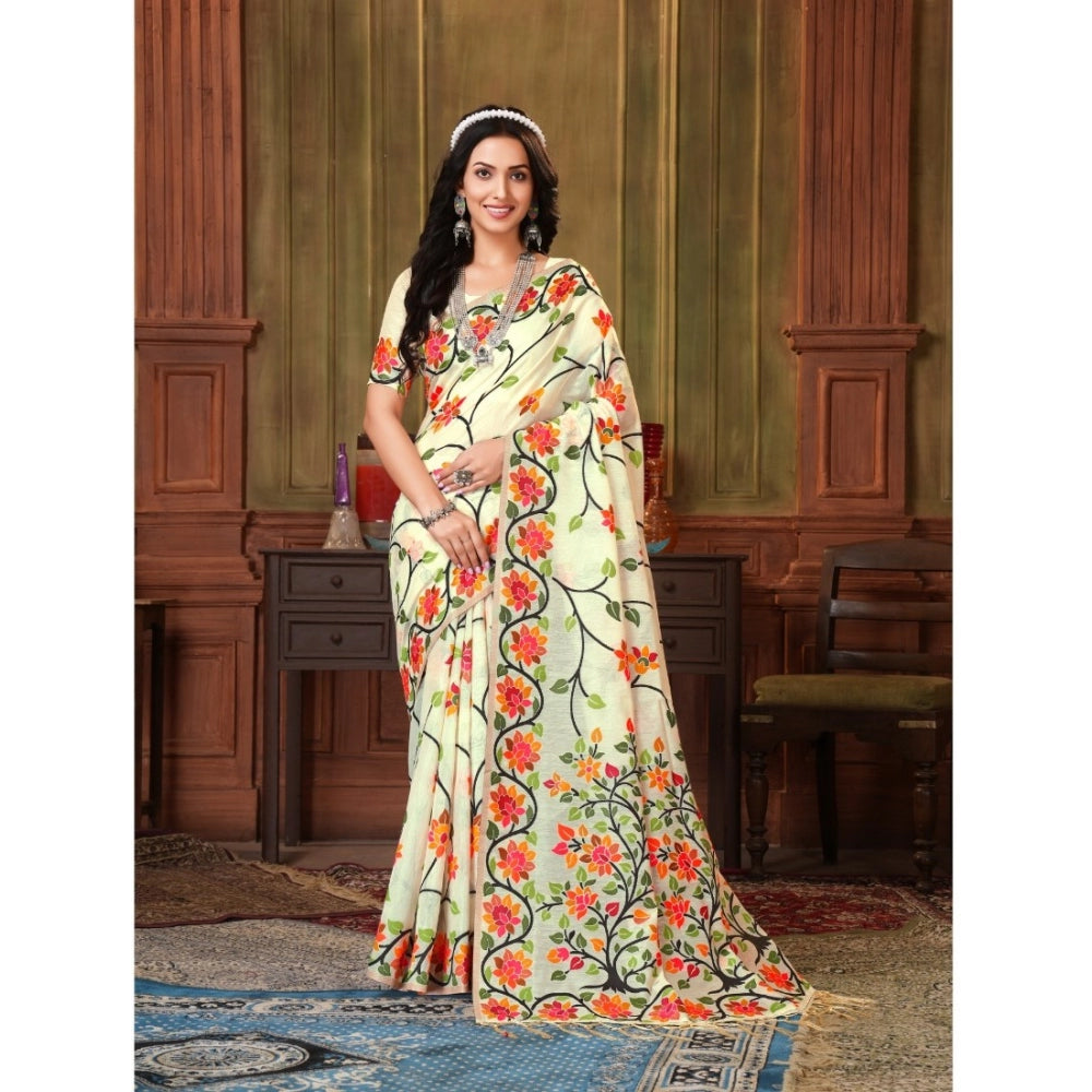 Generic Women's Organza Printed Saree With Unstitched Blouse (White, 5-6 Mtrs) - Noble Nook