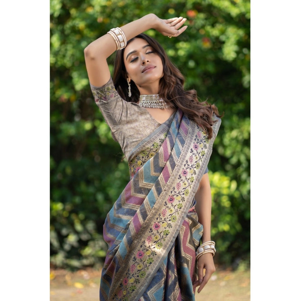 Generic Women's Organza Printed Saree With Unstitched Blouse (Teal, 5-6 Mtrs) - Noble Nook