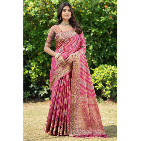 Generic Women's Organza Printed Saree With Unstitched Blouse (Pink, 5-6 Mtrs) - Noble Nook