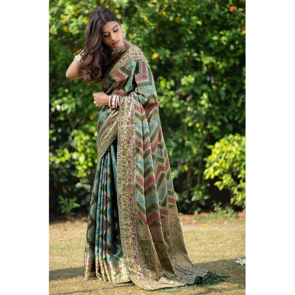 Generic Women's Organza Printed Saree With Unstitched Blouse (Green, 5-6 Mtrs) - Noble Nook