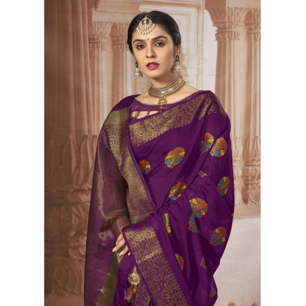 Generic Women's Chanderi Cotton Printed Saree With Unstitched Blouse (Purple, 5-6 Mtrs) - Noble Nook