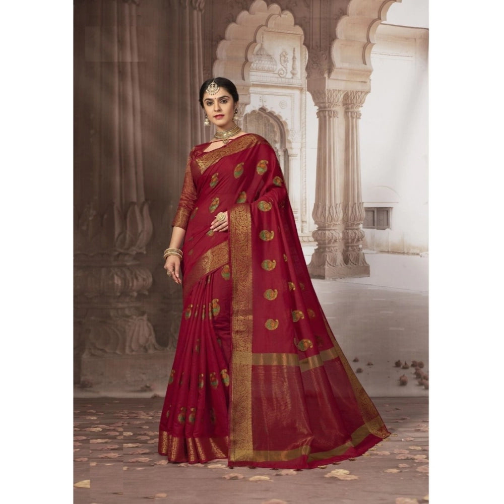 Generic Women's Chanderi Cotton Printed Saree With Unstitched Blouse (Red, 5-6 Mtrs) - Noble Nook