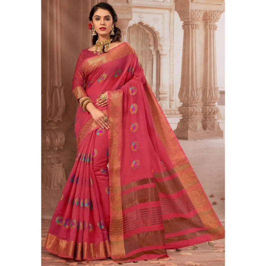 Generic Women's Chanderi Cotton Printed Saree With Unstitched Blouse (Pink, 5-6 Mtrs) - Noble Nook