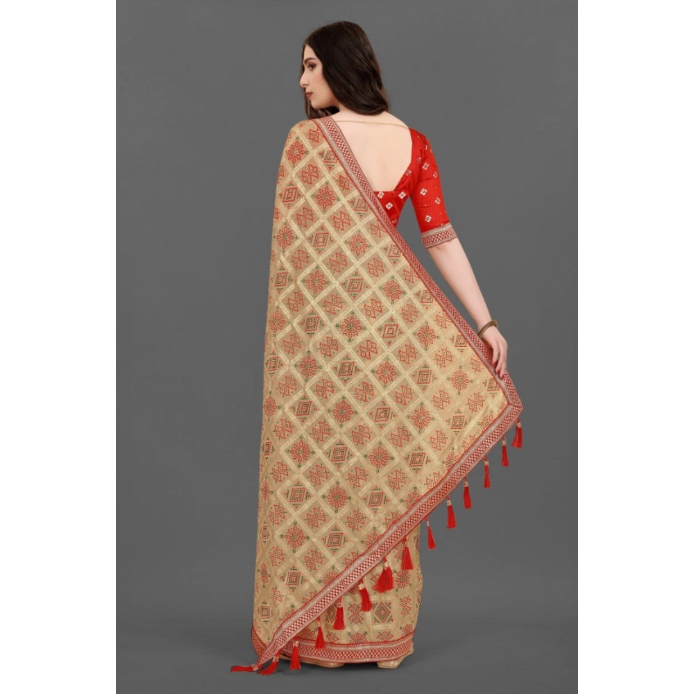 Generic Women's Soft Silk Printed Saree With Unstitched Blouse (Beige, 5-6 Mtrs) - Noble Nook