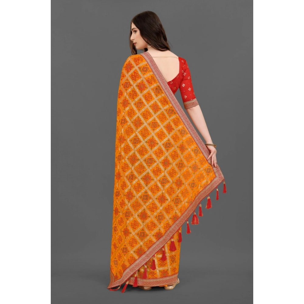 Generic Women's Soft Silk Printed Saree With Unstitched Blouse (Mustard, 5-6 Mtrs) - Noble Nook