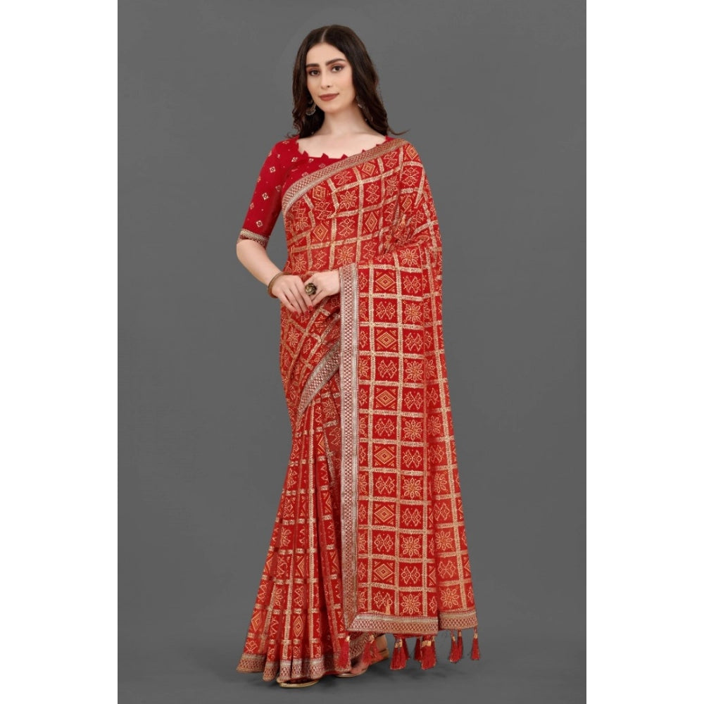 Generic Women's Soft Silk Printed Saree With Unstitched Blouse (Red, 5-6 Mtrs) - Noble Nook