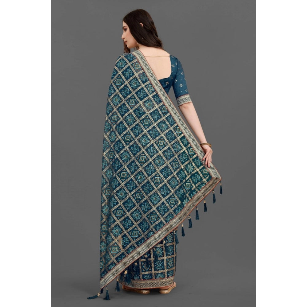 Generic Women's Soft Silk Printed Saree With Unstitched Blouse (Teal, 5-6 Mtrs) - Noble Nook