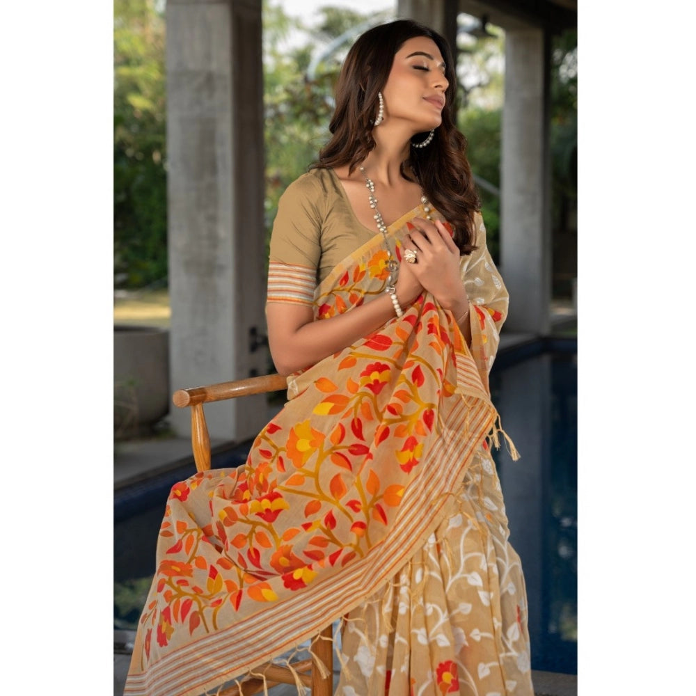 Generic Women's Cotton Printed Saree With Unstitched Blouse (Beige, 5-6 Mtrs) - Noble Nook