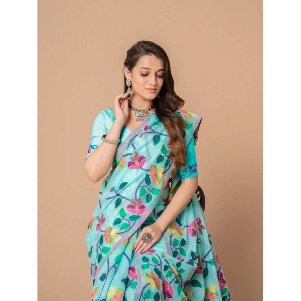 Generic Women's Cotton Printed Saree With Unstitched Blouse (Sky Blue, 5-6 Mtrs) - Noble Nook