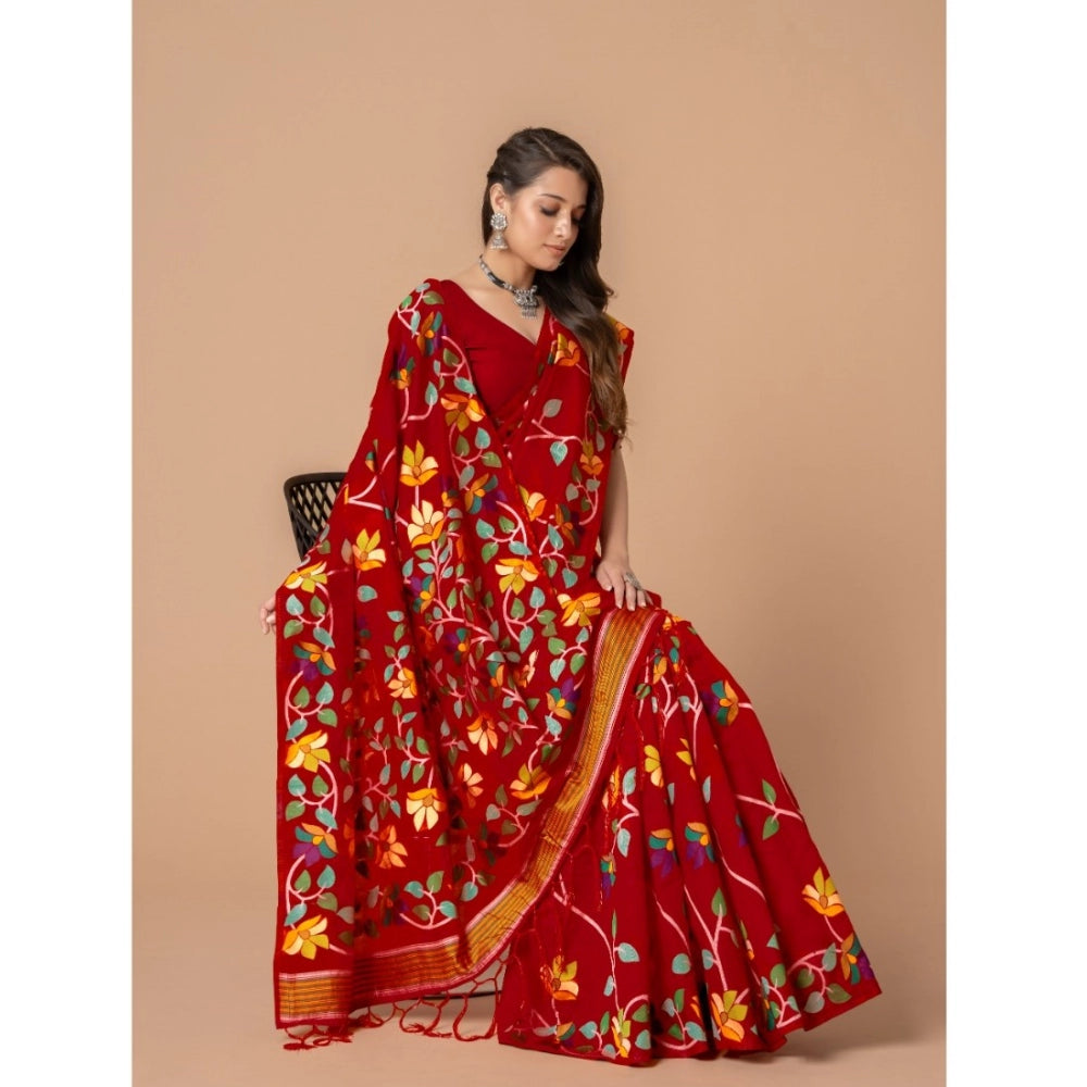 Generic Women's Cotton Printed Saree With Unstitched Blouse (Red, 5-6 Mtrs) - Noble Nook