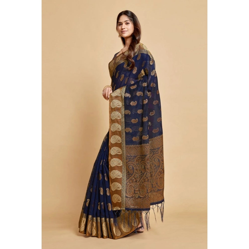 Generic Women's Chanderi Cotton Printed Saree With Unstitched Blouse (Navy Blue, 5-6 Mtrs) - Noble Nook