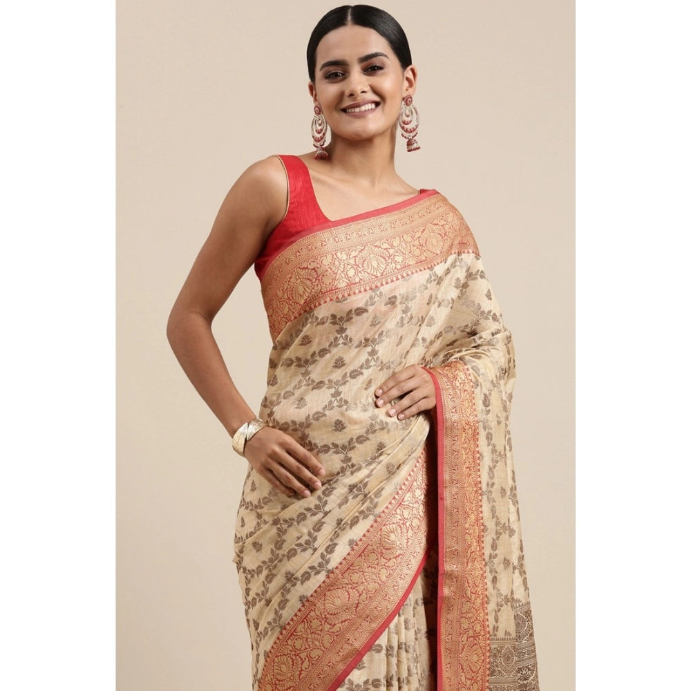 Generic Women's Chanderi Cotton Printed Saree With Unstitched Blouse (Beige, 5-6 Mtrs) - Noble Nook