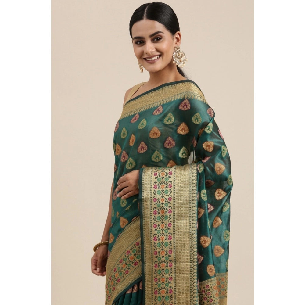 Generic Women's Organza Printed Saree With Unstitched Blouse (Sea Green, 5-6 Mtrs) - Noble Nook