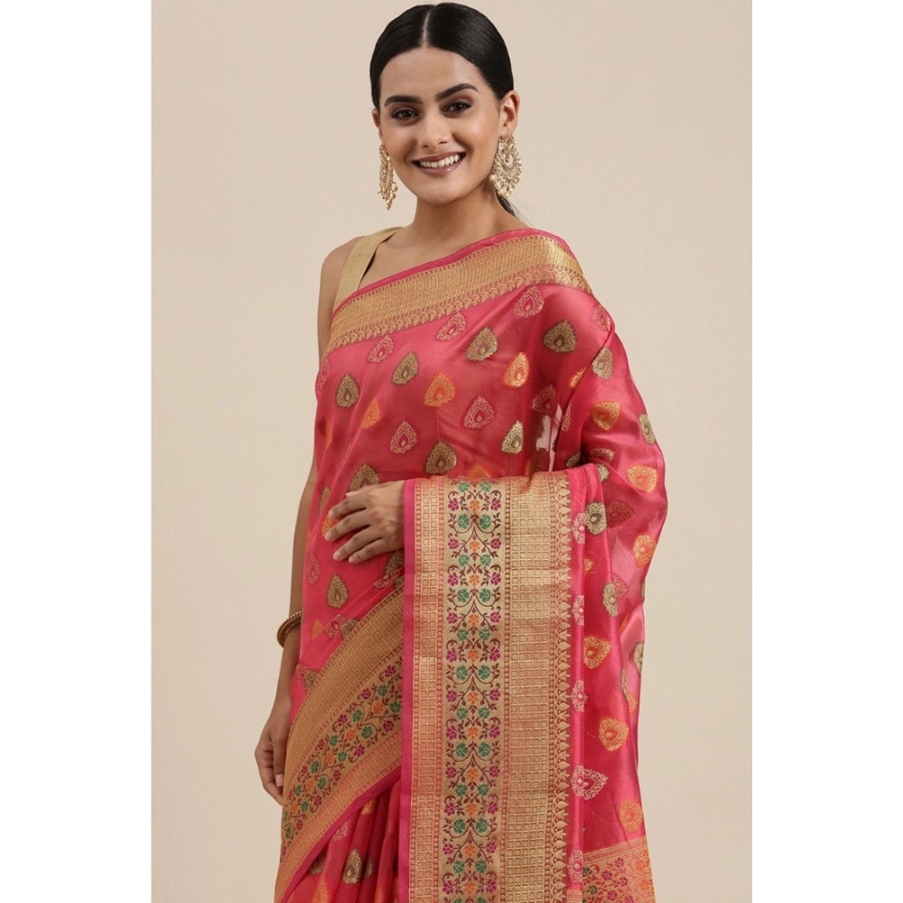 Generic Women's Organza Printed Saree With Unstitched Blouse (Pink, 5-6 Mtrs) - Noble Nook