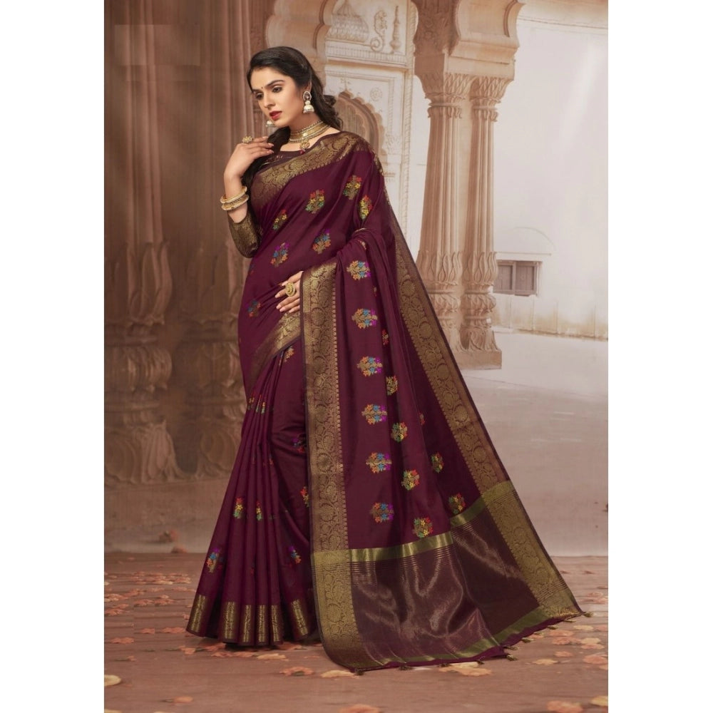 Generic Women's Chanderi Cotton Printed Saree With Unstitched Blouse (Maroon, 5-6 Mtrs) - Noble Nook