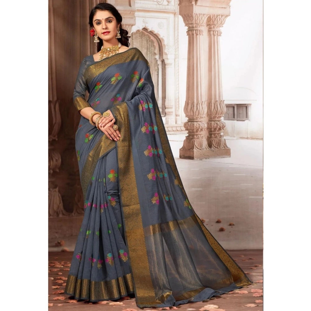 Generic Women's Linen Printed Saree With Unstitched Blouse (Grey, 5-6 Mtrs) - Noble Nook