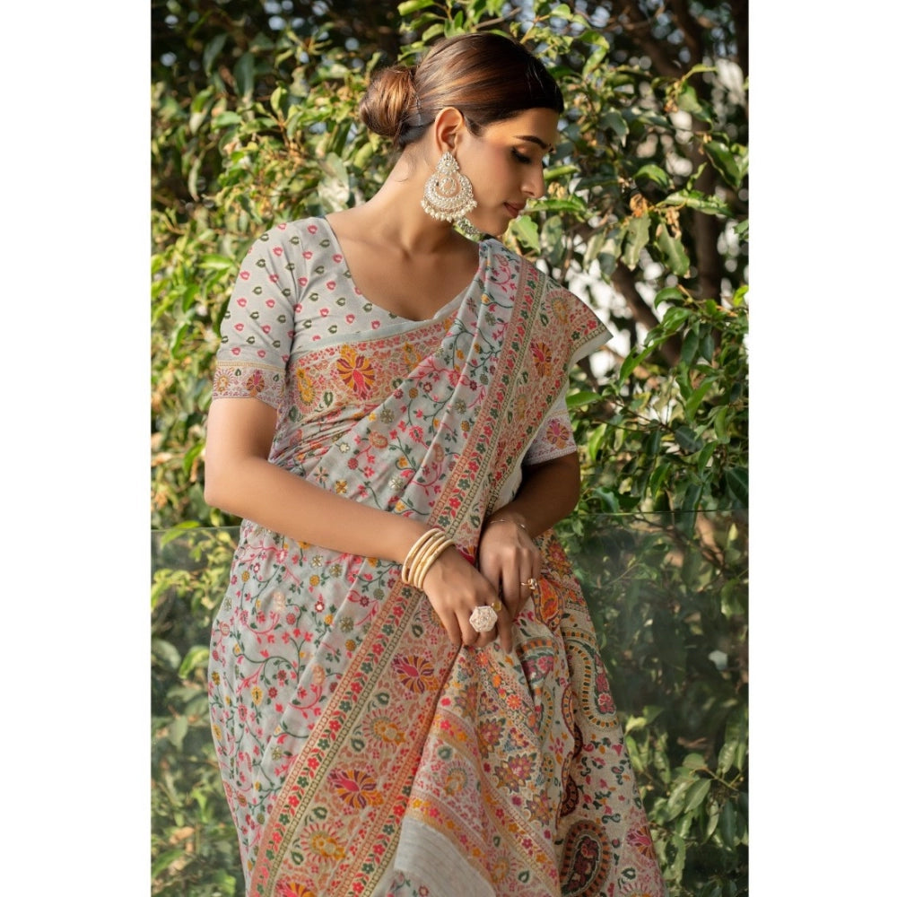 Generic Women's Linen Printed Saree With Unstitched Blouse (Off-White, 5-6 Mtrs) - Noble Nook