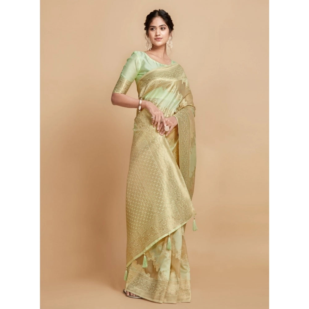 Generic Women's Linen Printed Saree With Unstitched Blouse (Pista, 5-6 Mtrs) - Noble Nook