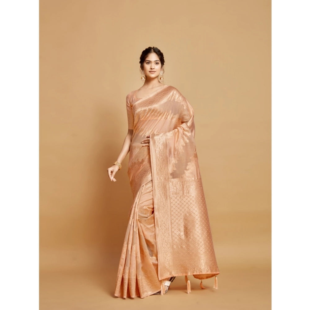 Generic Women's Linen Printed Saree With Unstitched Blouse (Peach, 5-6 Mtrs) - Noble Nook