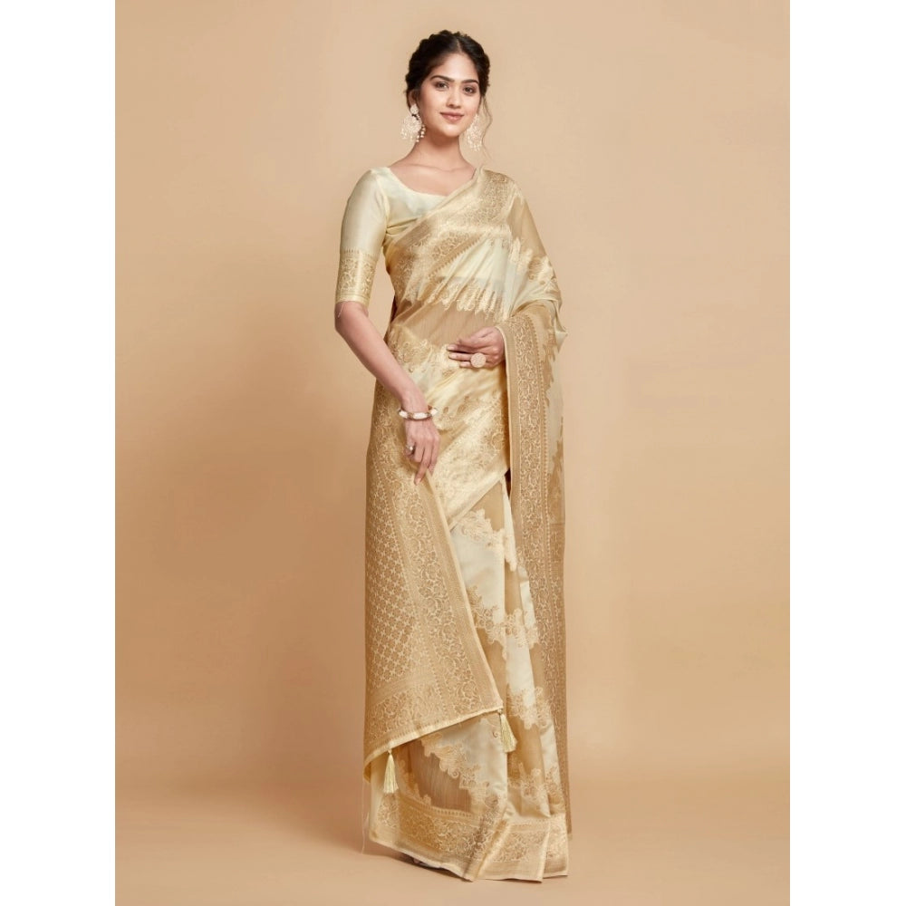 Generic Women's Linen Printed Saree With Unstitched Blouse (Beige, 5-6 Mtrs) - Noble Nook