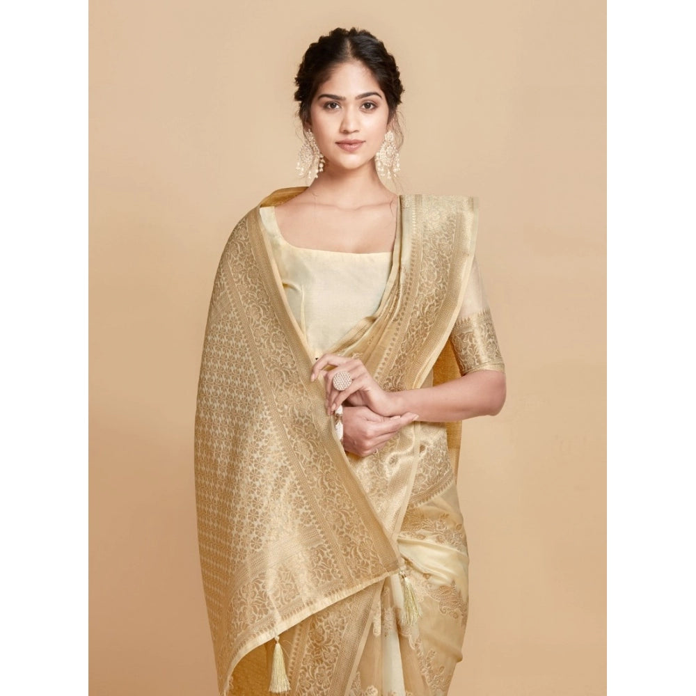 Generic Women's Linen Printed Saree With Unstitched Blouse (Beige, 5-6 Mtrs) - Noble Nook