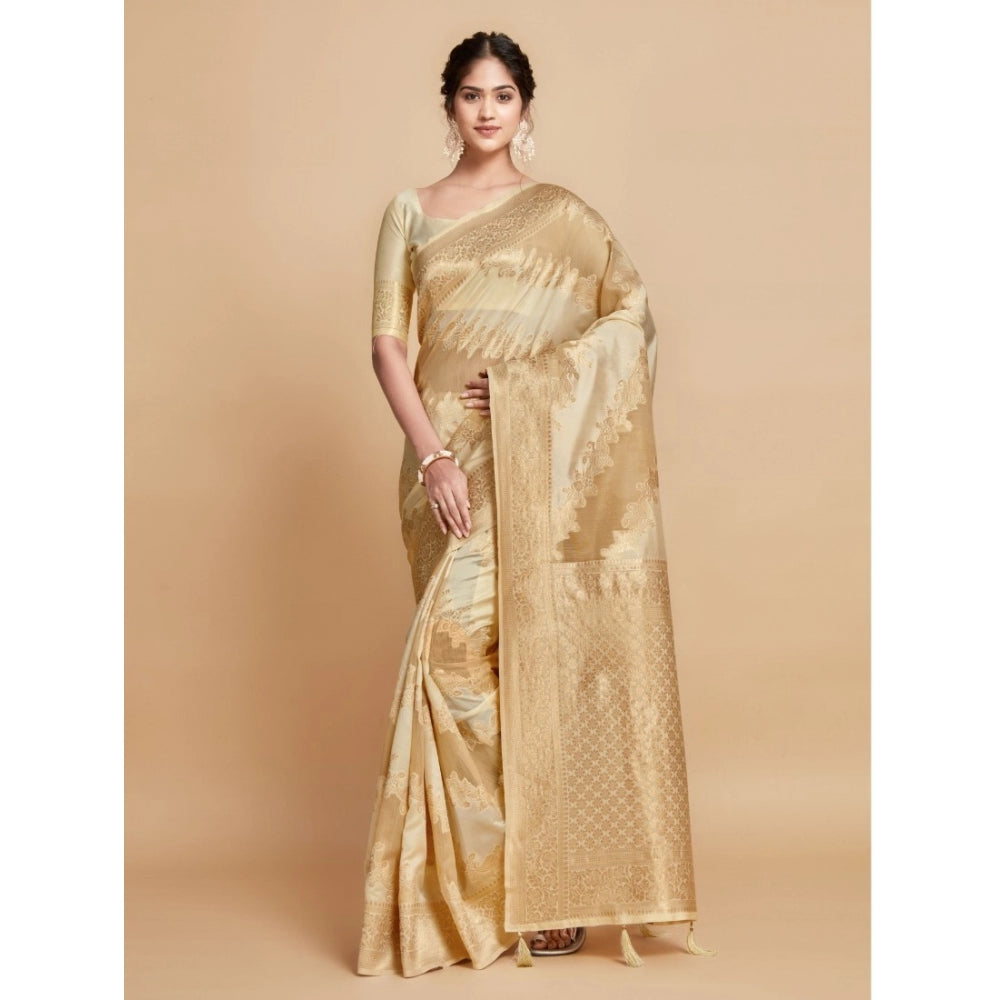 Generic Women's Linen Printed Saree With Unstitched Blouse (Beige, 5-6 Mtrs) - Noble Nook