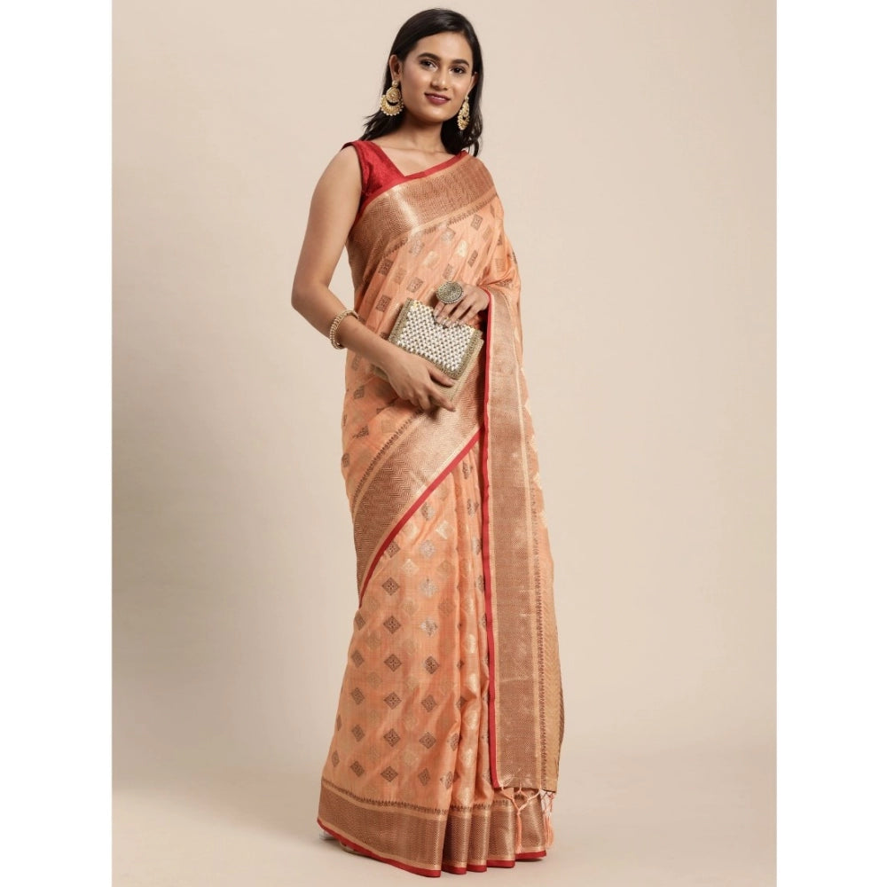 Generic Women's Chanderi Cotton Printed Saree With Unstitched Blouse (Orange, 5-6 Mtrs) - Noble Nook