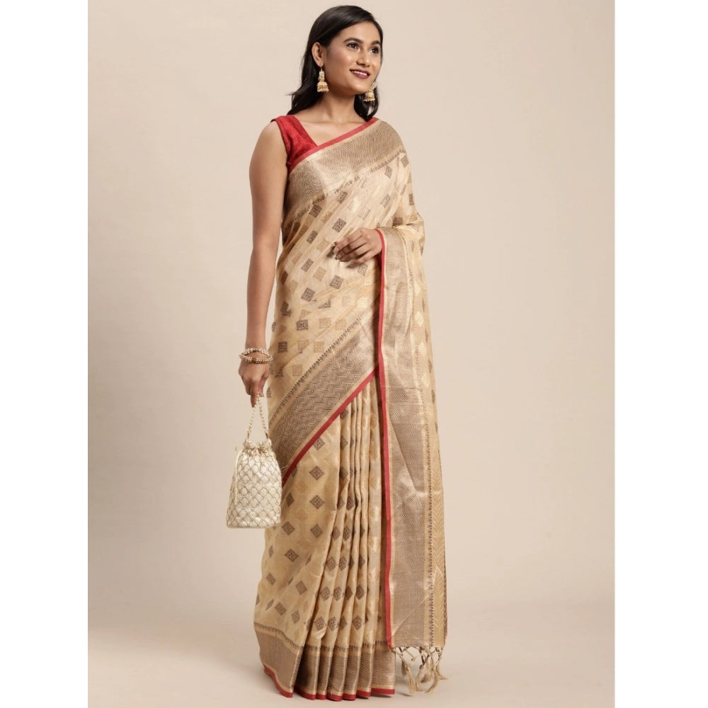 Generic Women's Chanderi Cotton Printed Saree With Unstitched Blouse (Beige, 5-6 Mtrs) - Noble Nook