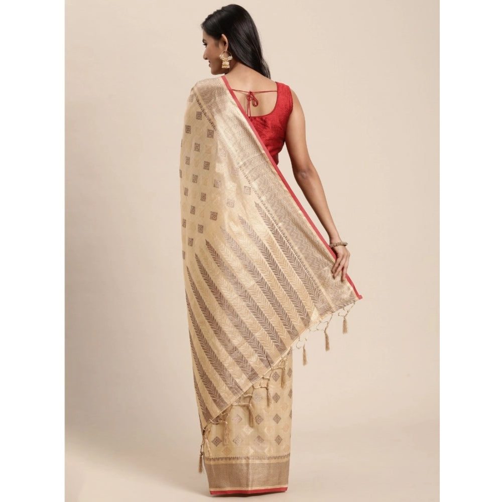 Generic Women's Chanderi Cotton Printed Saree With Unstitched Blouse (Beige, 5-6 Mtrs) - Noble Nook