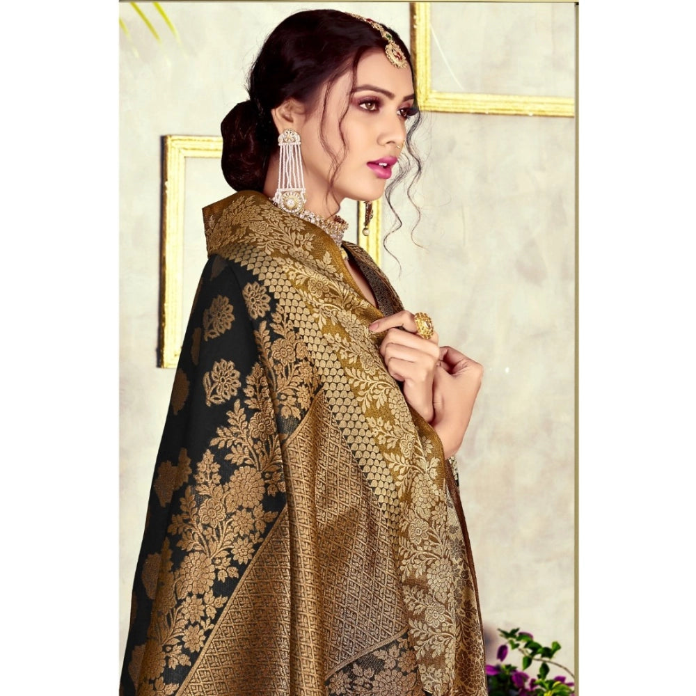 Generic Women's Chanderi Cotton Printed Saree With Unstitched Blouse (Black, 5-6 Mtrs) - Noble Nook