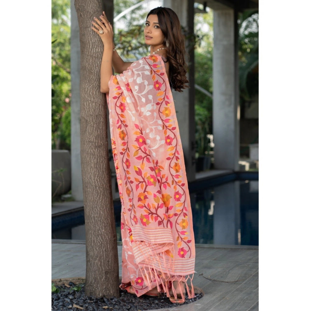 Generic Women's Cotton Printed Saree With Unstitched Blouse (Peach, 5-6 Mtrs) - Noble Nook