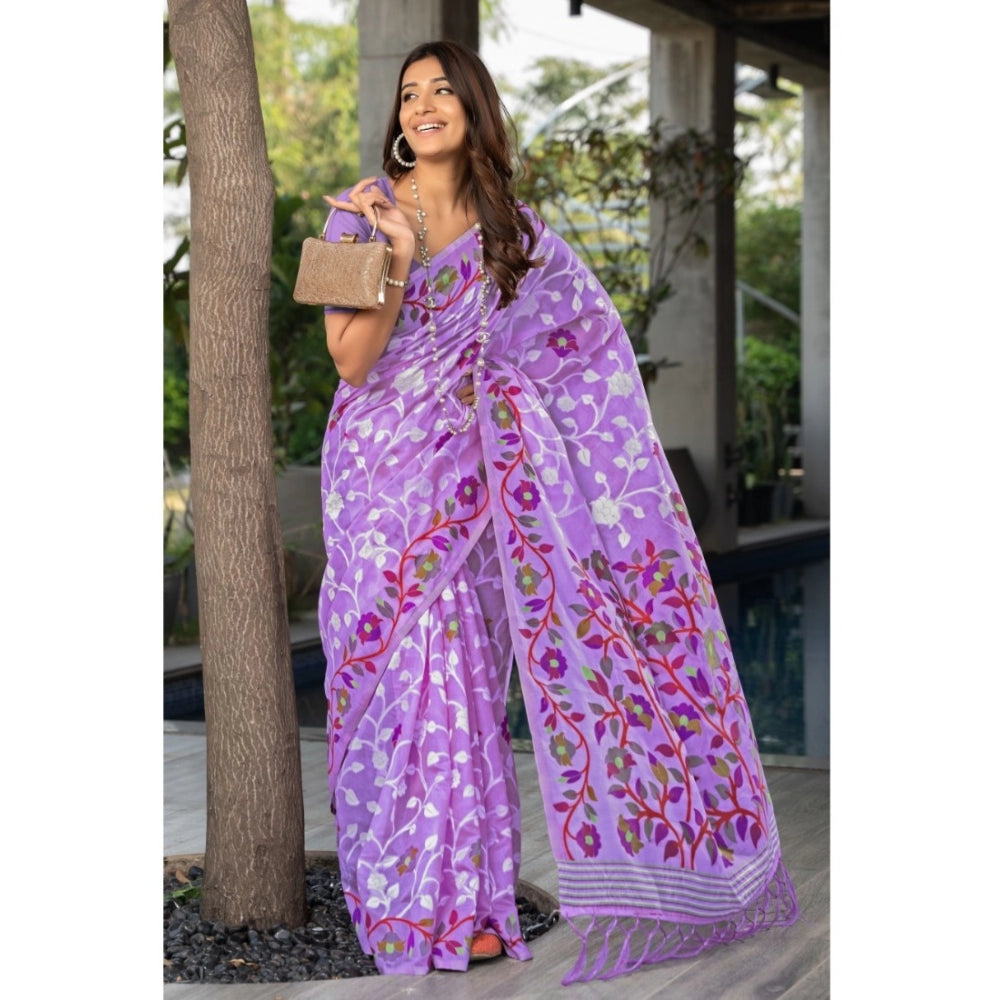 Generic Women's Cotton Printed Saree With Unstitched Blouse (Lavender, 5-6 Mtrs) - Noble Nook