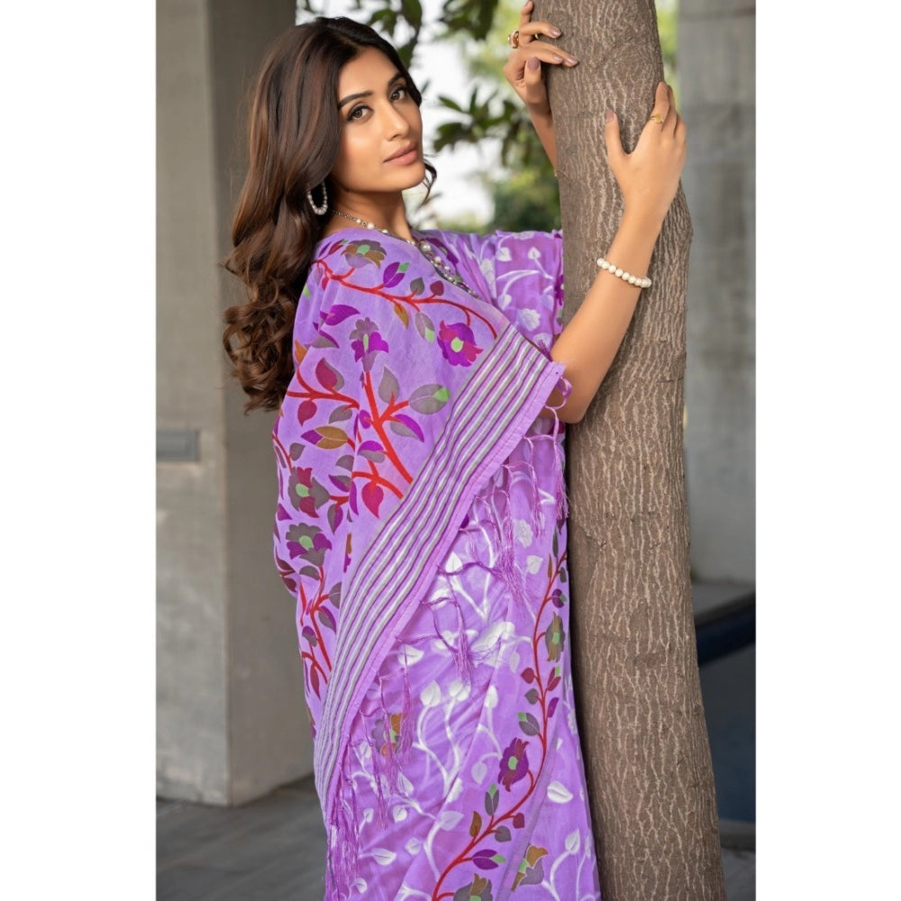 Generic Women's Cotton Printed Saree With Unstitched Blouse (Lavender, 5-6 Mtrs) - Noble Nook