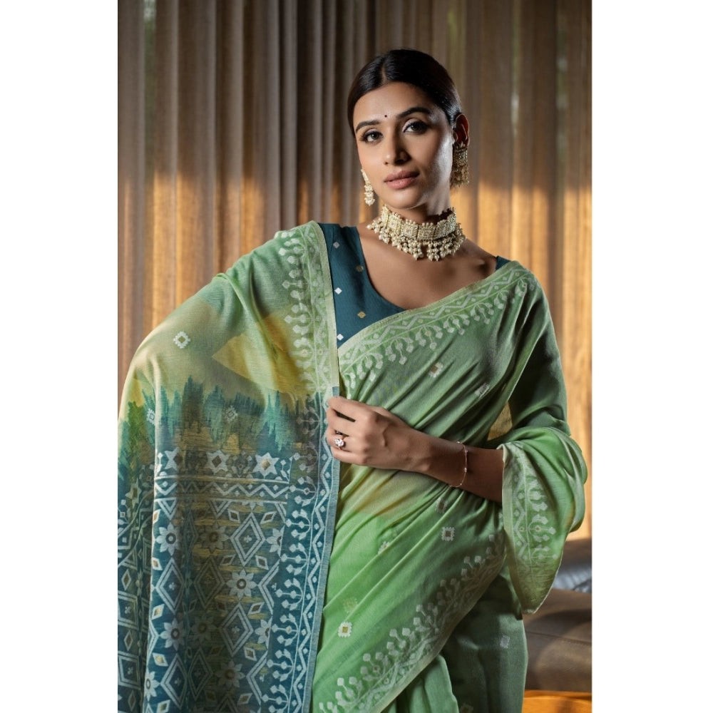 Generic Women's Mulmul Cotton Printed Saree With Unstitched Blouse (Green, 5-6 Mtrs) - Noble Nook