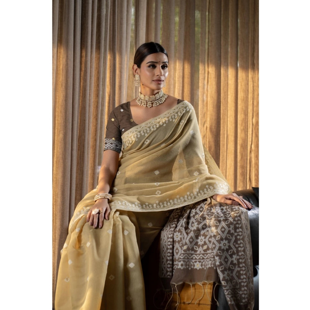 Generic Women's Mulmul Cotton Printed Saree With Unstitched Blouse (Beige, 5-6 Mtrs) - Noble Nook