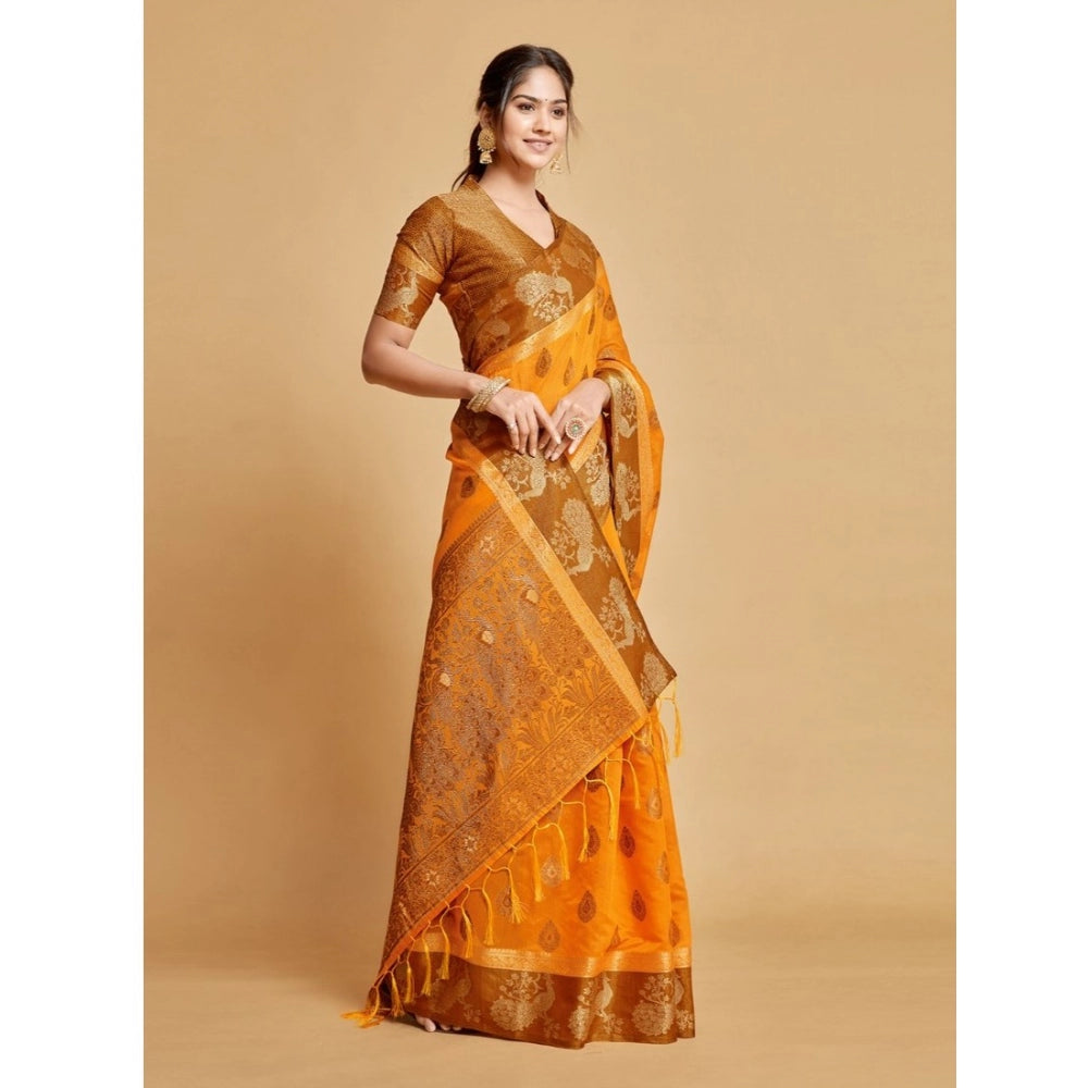 Generic Women's Organza Printed Saree With Unstitched Blouse (Mustard, 5-6 Mtrs) - Noble Nook