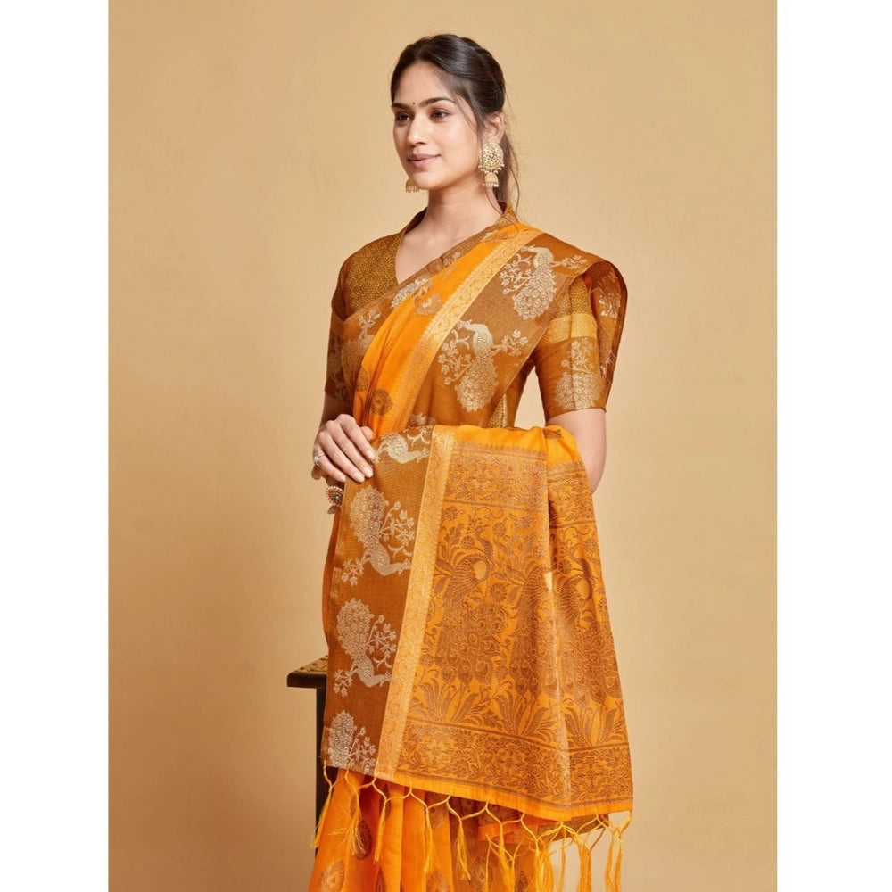 Generic Women's Organza Printed Saree With Unstitched Blouse (Mustard, 5-6 Mtrs) - Noble Nook