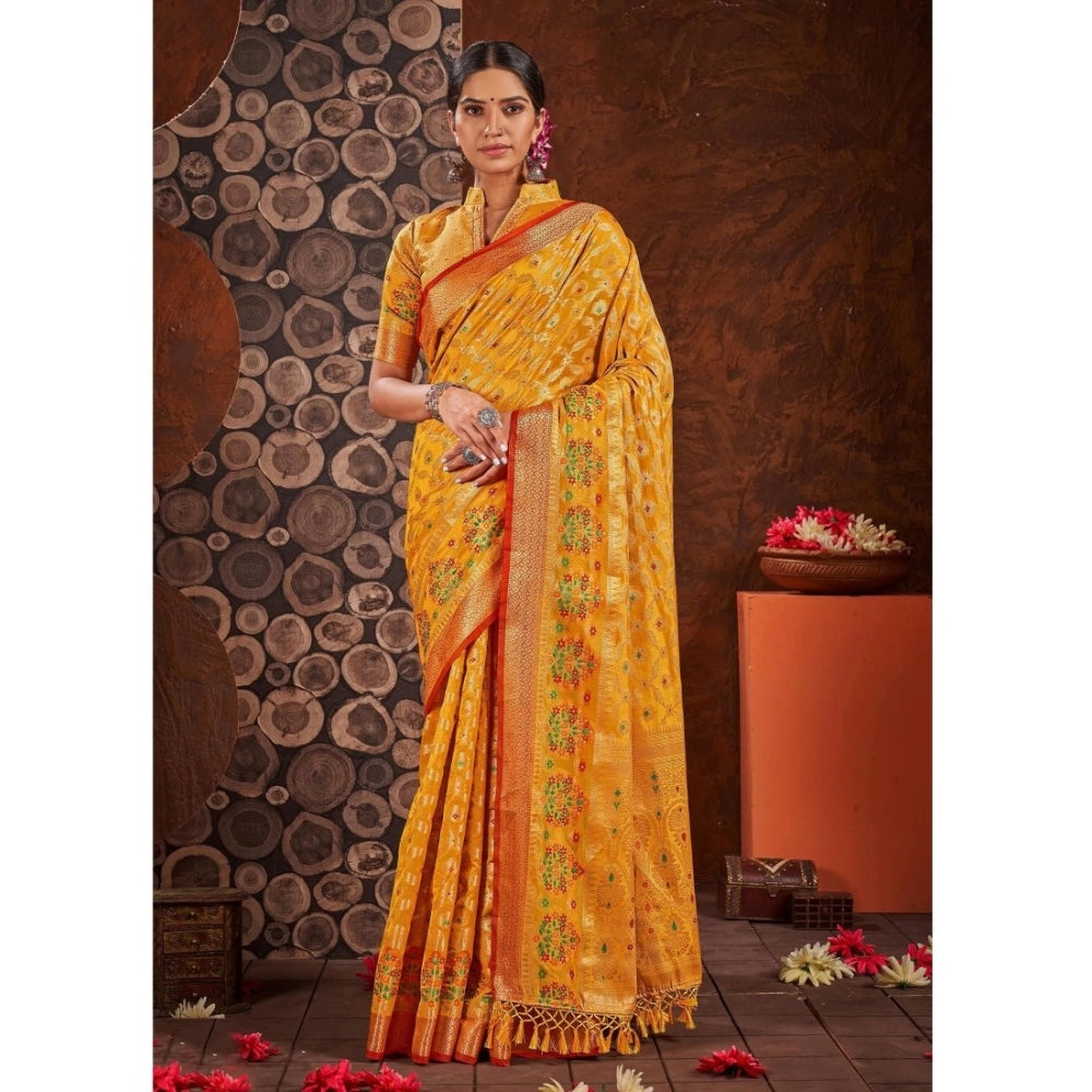 Generic Women's Organza Printed Saree With Unstitched Blouse (Yellow, 5-6 Mtrs) - Noble Nook