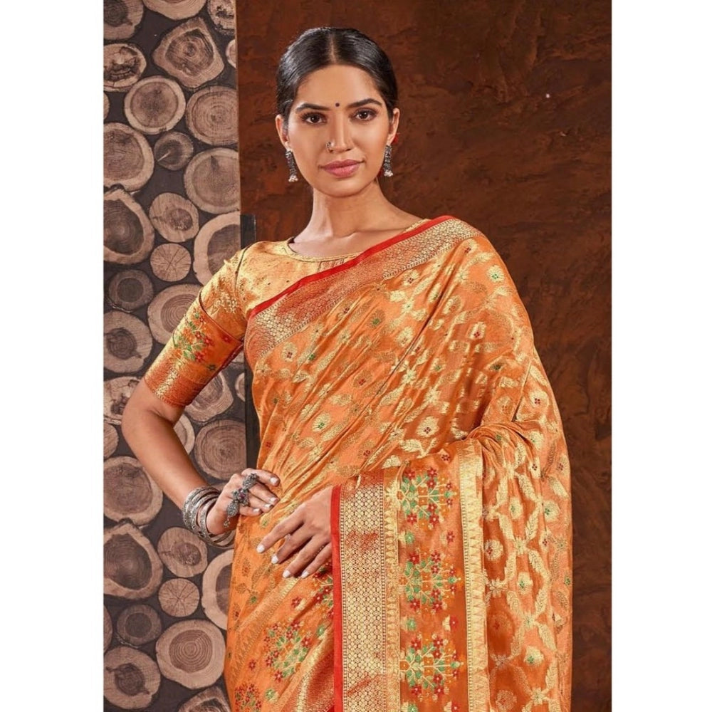 Generic Women's Organza Printed Saree With Unstitched Blouse (Orange, 5-6 Mtrs) - Noble Nook