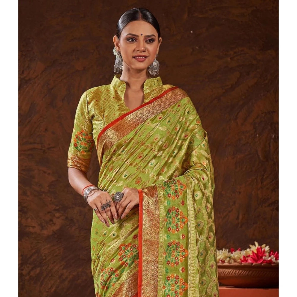 Generic Women's Organza Printed Saree With Unstitched Blouse (Parrot Green, 5-6 Mtrs) - Noble Nook