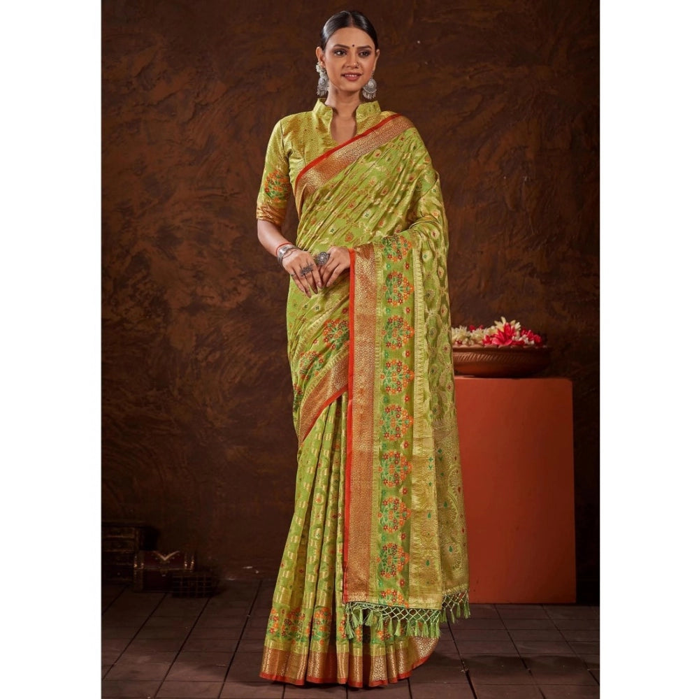 Generic Women's Organza Printed Saree With Unstitched Blouse (Parrot Green, 5-6 Mtrs) - Noble Nook