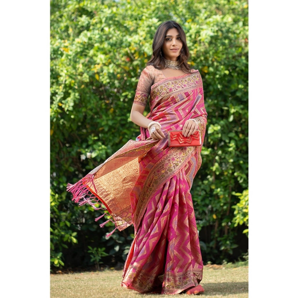 Generic Women's Organza Printed Saree With Unstitched Blouse (Pink, 5-6 Mtrs) - Noble Nook