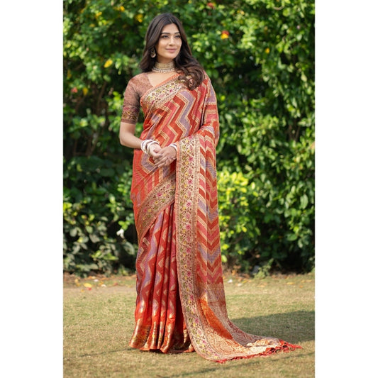 Generic Women's Organza Printed Saree With Unstitched Blouse (Orange, 5-6 Mtrs) - Noble Nook