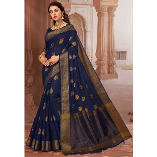 Generic Women's Chanderi Cotton Printed Saree With Unstitched Blouse (Navy Blue, 5-6 Mtrs) - Noble Nook