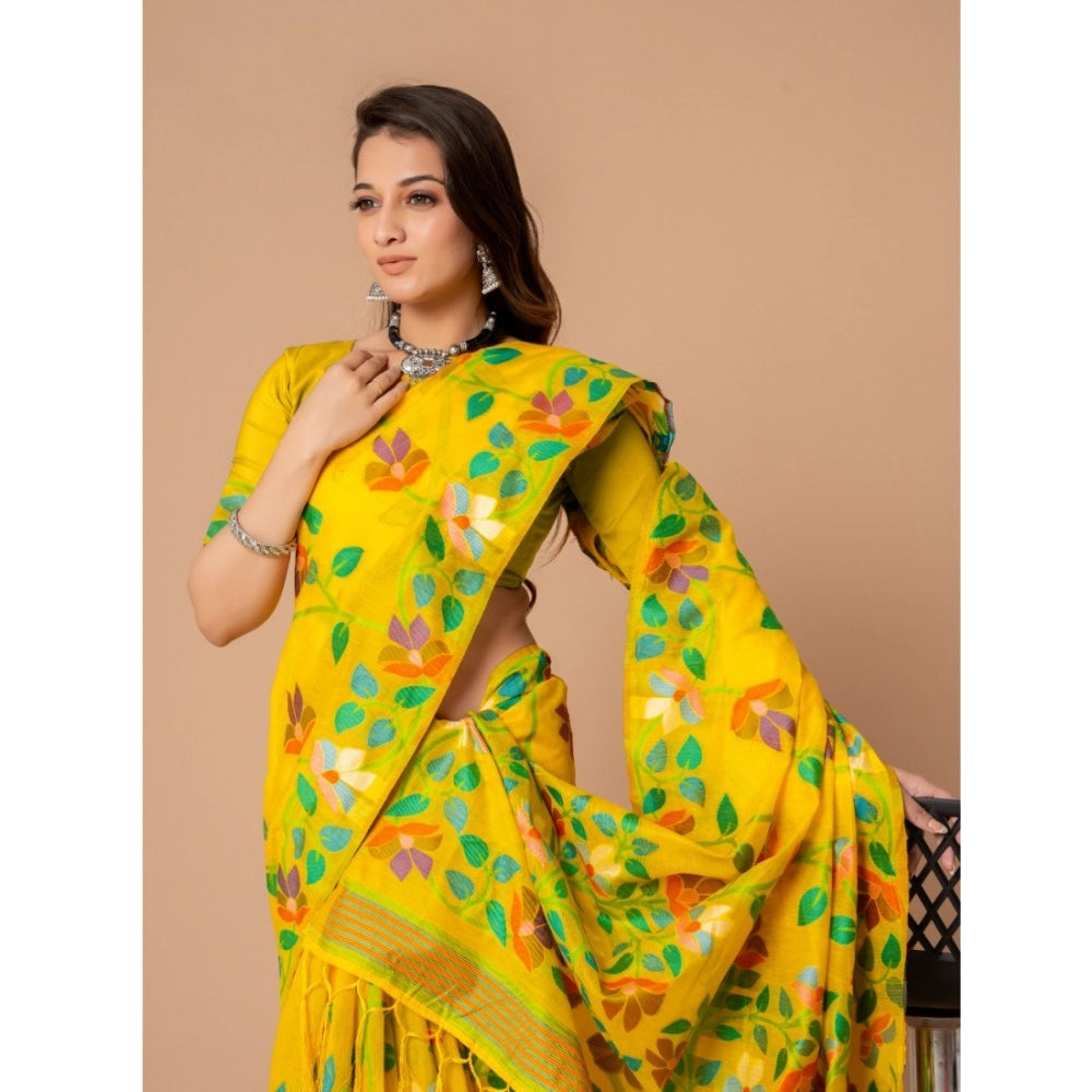 Generic Women's Cotton Printed Saree With Unstitched Blouse (Yellow, 5-6 Mtrs) - Noble Nook